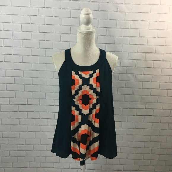 Nue Options Tops - Nue Options Green w/ Orange & Cream Geometric Pattern Pleated Swing Tank Blouse